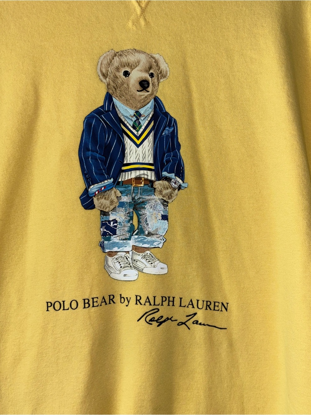 Ralph Lauren Yellow Polo Bear Graphic Crewneck Sweatshirt with Navy Accent
